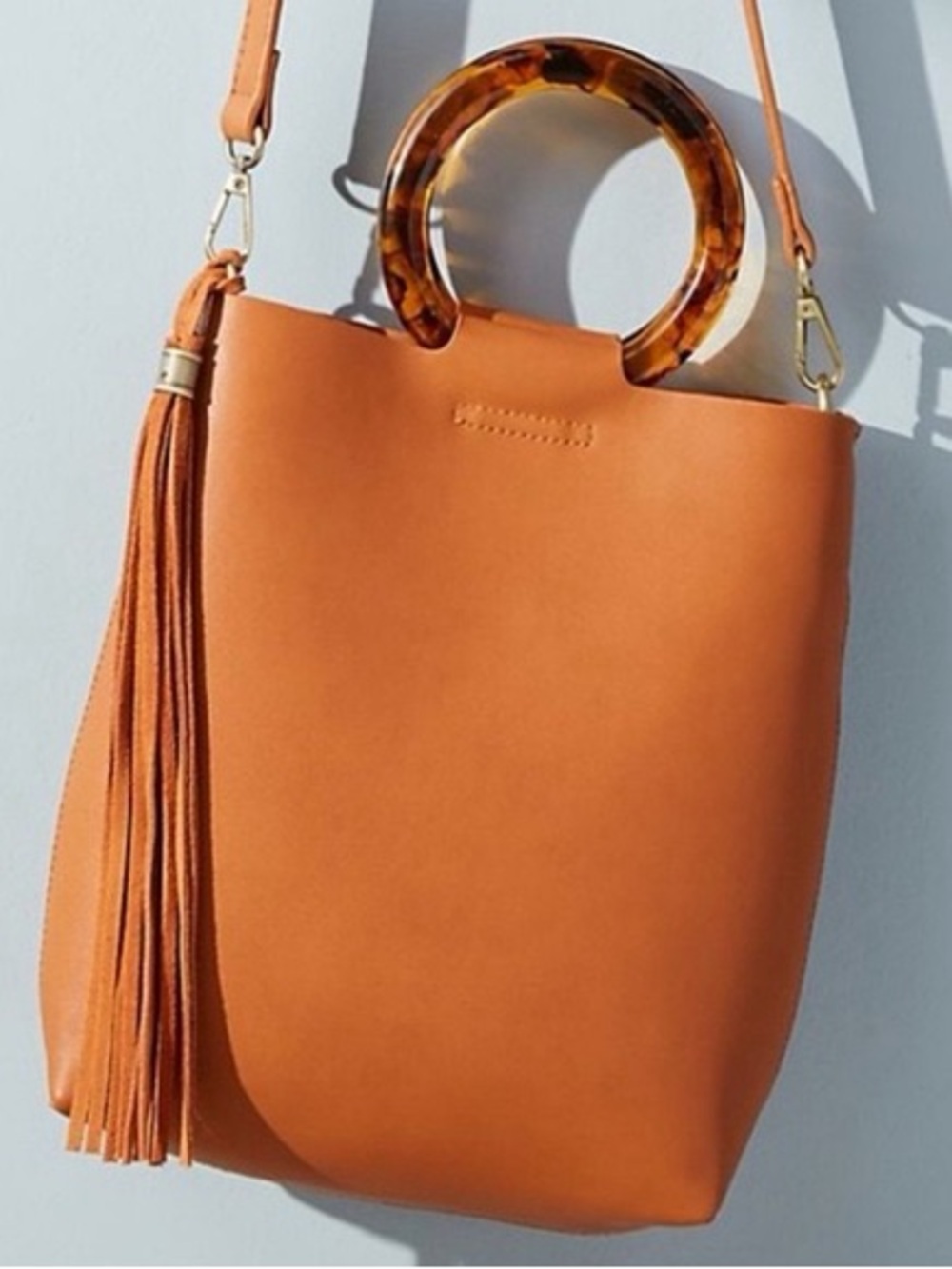 Anthropologie Lucitehandle Tortoiseshell Tan Brown Leather Tote Bag with Tassel